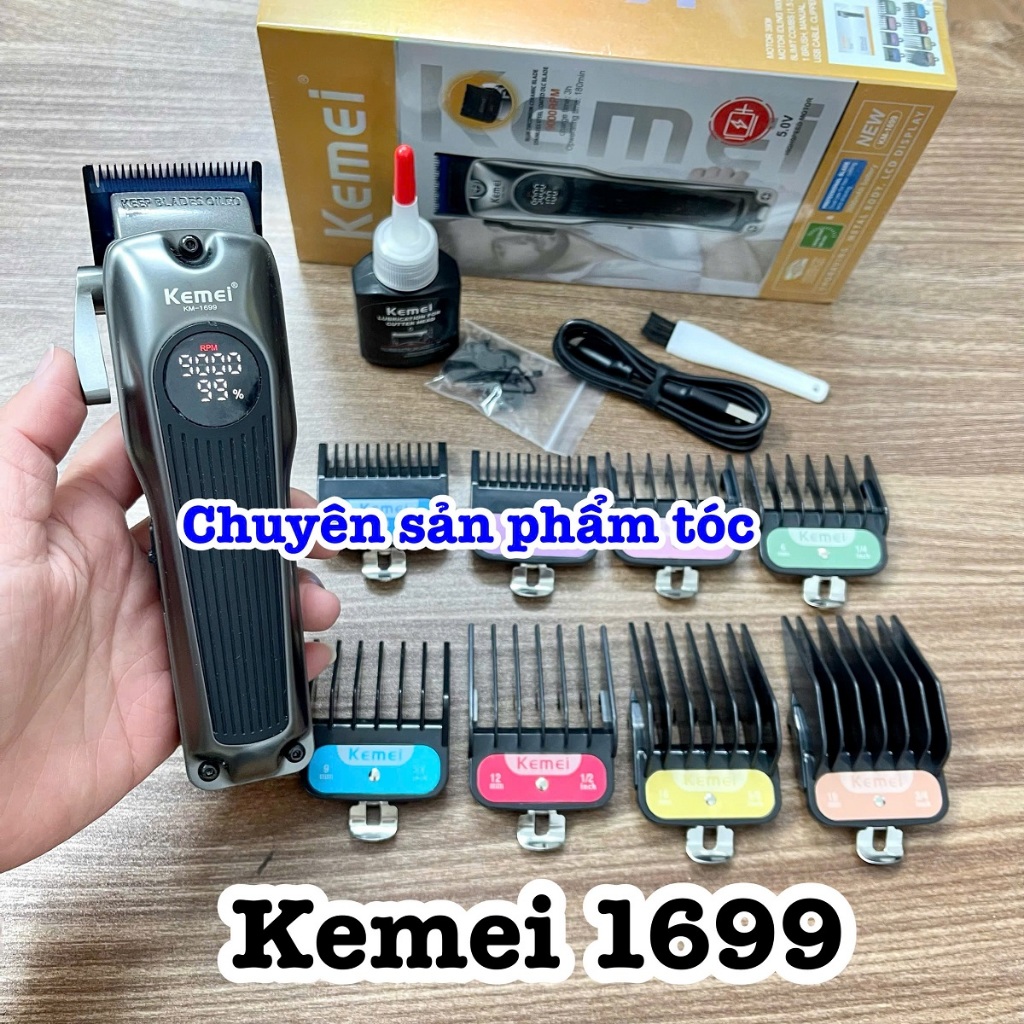 ✅Kemei Tông Đơ Cắt Tóc 1699 Công Suất 8W Cao Cấp Màu đen Chính Hãng Tốc Độ 9000 Vòng Phút Pin Lithium Ion 3000mAh