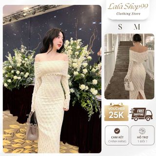 Váy body trễ vai dáng dài chất nhung ren co giãn tôn dáng, váy nữ dự tiệc thiết kế gợi cảm sang trọng