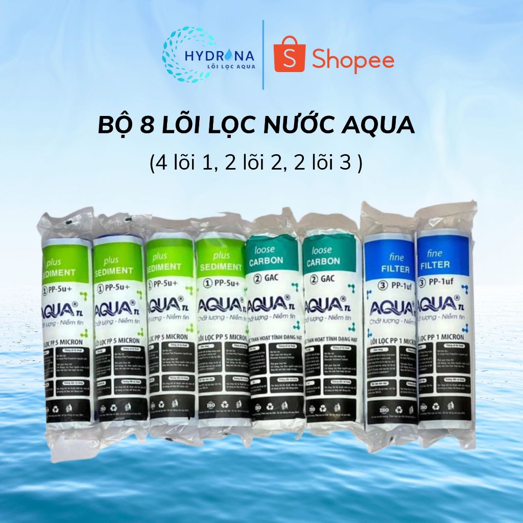 Bộ 8 lõi lọc nước 1 2 3 AQUA, dùng được cho mọi loại máy lọc nước gia đình, máy lọc nước RO