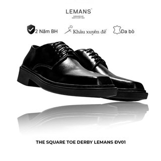 Giày tây Mũi Vuông The Square Toe Derby Lemans Black ĐV01.3 - Da bò - Đế cao su McKay tăng cao 4cm - Bảo Hành 2 năm