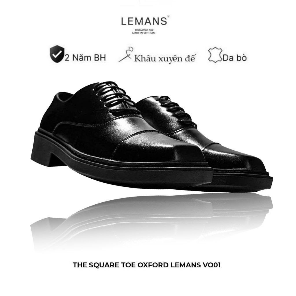 Giày Mũi Vuông The Square Toe Oxford Lemans Black VO01.3 - Da bò - Đế cao su McKay tăng cao 4cm - Bảo Hành 2 năm