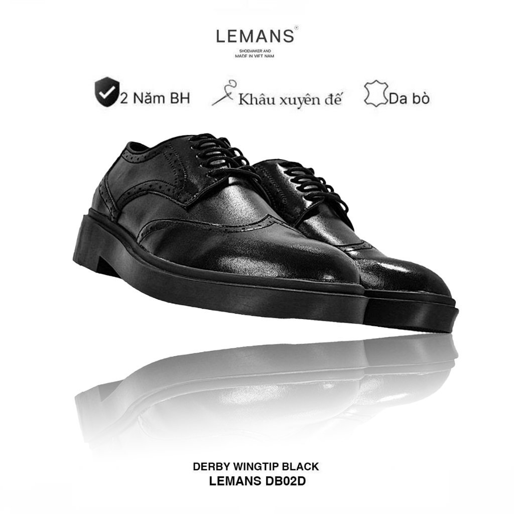 Giày da bò Derby Wingtip Black LEMANS màu đen, đế tăng cao 4cm thiết kế trẻ trung, bảo hành chính hãng 24 tháng