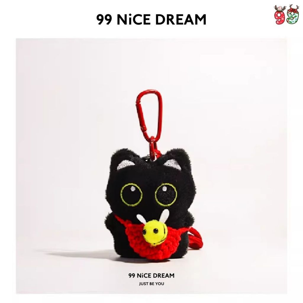 Móc Khoá Gấu Bông Mèo Đen Đeo Túi Ong Đỏ Treo Ví, Treo Chìa Khoá Cute, Phụ Kiện Balo, Túi Xách