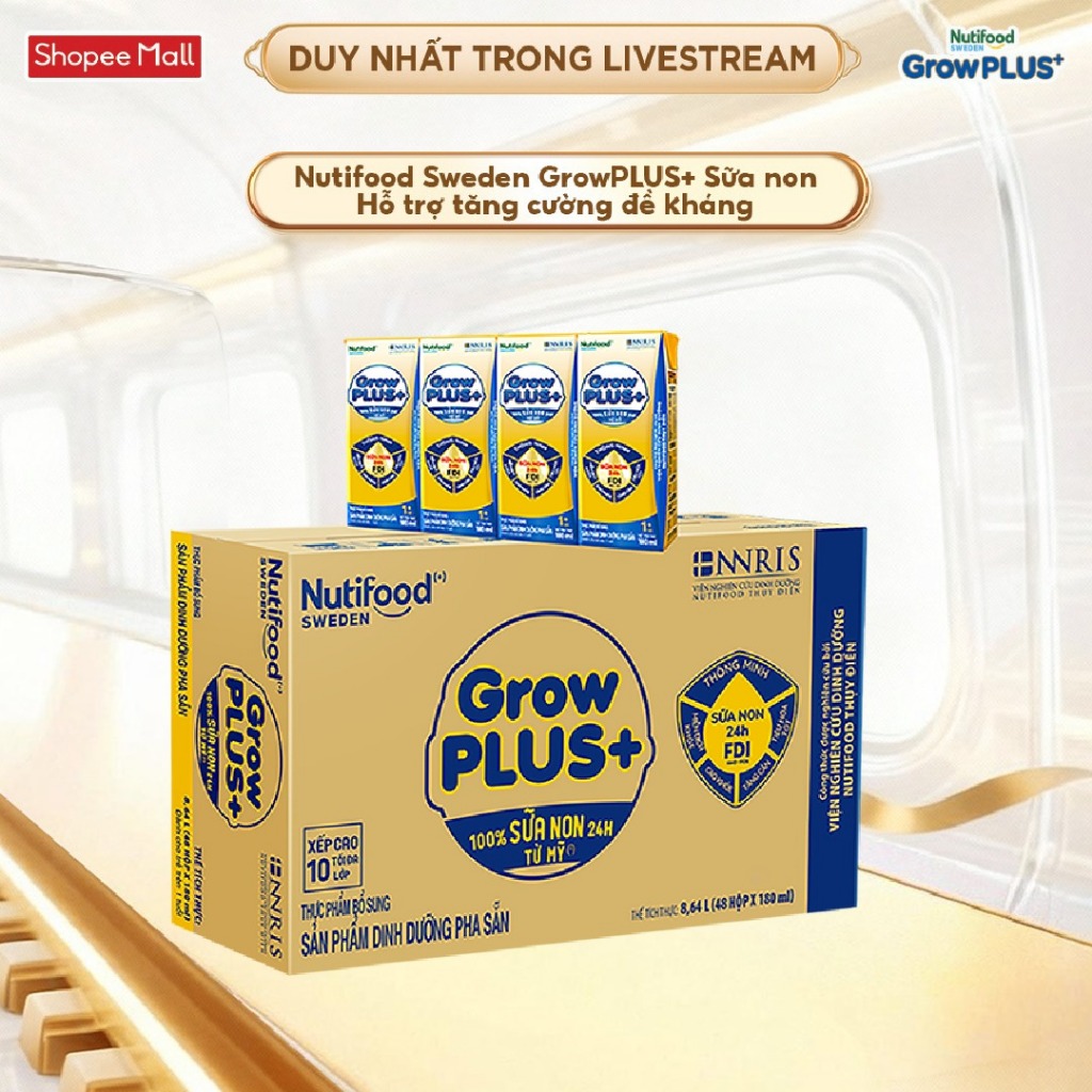 [LIVESTREAM KOL] Thùng Sữa Bột Pha Sẵn GrowPLUS+ Sữa Non Tăng Đề Kháng 180ml - Trên 1 Tuổi (48 Hộp x