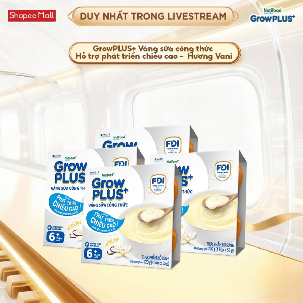 [Livestream KOL] Combo 4 lốc GrowPLUS+ Váng sữa công thức Cao lớn vượt trội Vani (55g x 16 hộp)