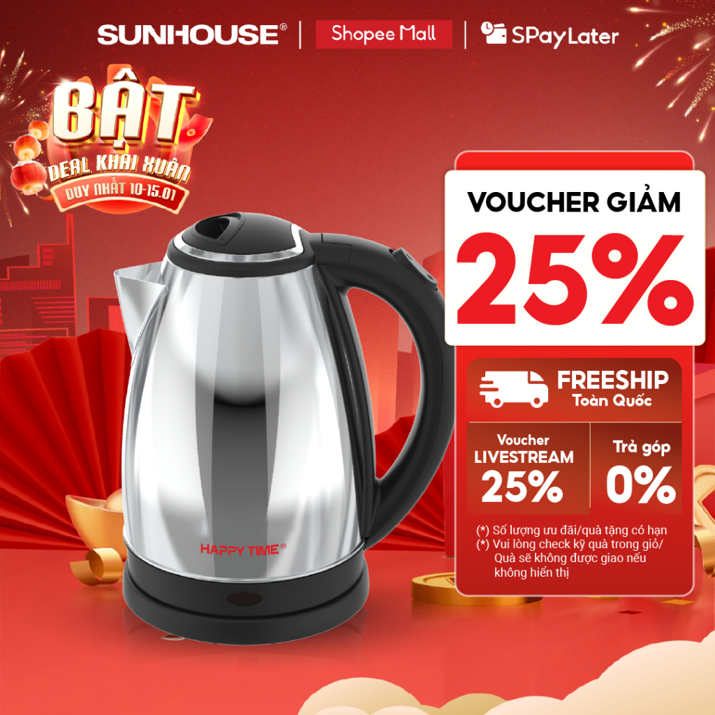 Ấm siêu tốc 1.5L SUNHOUSE Happy Time HTD1055 - Tự ngắt khi nước sôi, cạn nước - Tay cầm chống nóng, thân inox không gỉ