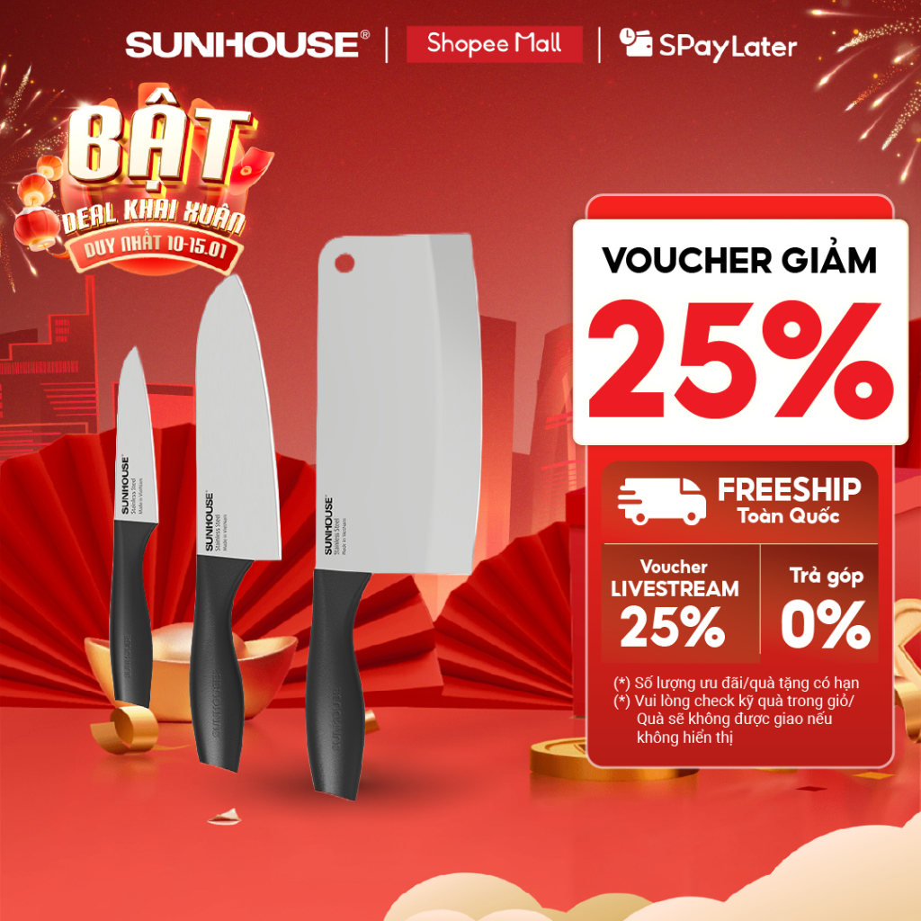 Bộ dao 3 chiếc Eco Family Sunhouse KS-KN3E1 - Lưỡi dao làm từ thép SUS420J2 không gỉ - Gồm 3 dao: chặt, gọt và làm bếp