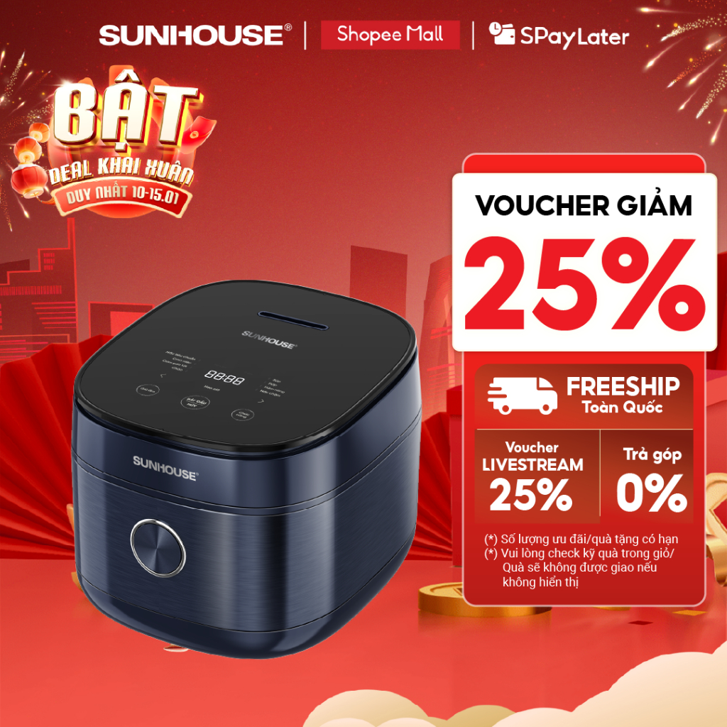 Nồi cơm điện tử 1.8L Sunhouse SHD8916 - Công nghệ Fuzzy Logic - 8 chức năng - Hẹn giờ nấu 24h - Lòng