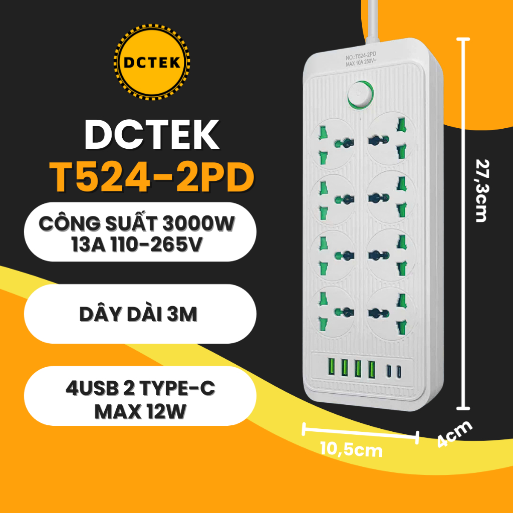 DCTEK T524-2PD Ổ cắm điện đa năng có dây dài 3m vỏ nhựa chống cháy phù hợp với gia đình, văn phòng