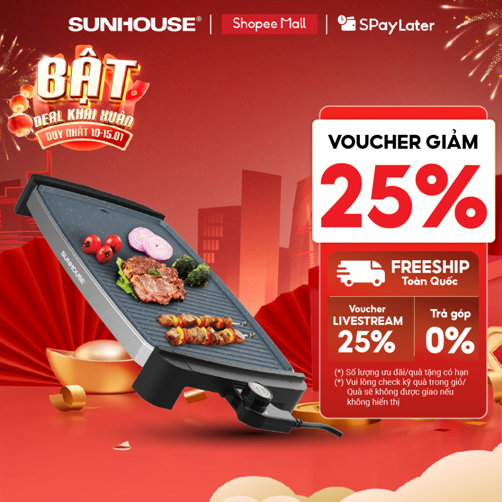 Bếp nướng điện Sunhouse SHD4612 - Chống dính cao cấp - Diện tích mặt bếp lớn - Tự ngắt khi quá nhiệt