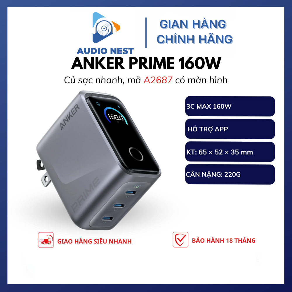 Bộ sạc Anker Prime A2687 (160W, 3 cổng, màn hình thông minh) 3 Cổng - Bảo Hành 18 Tháng.