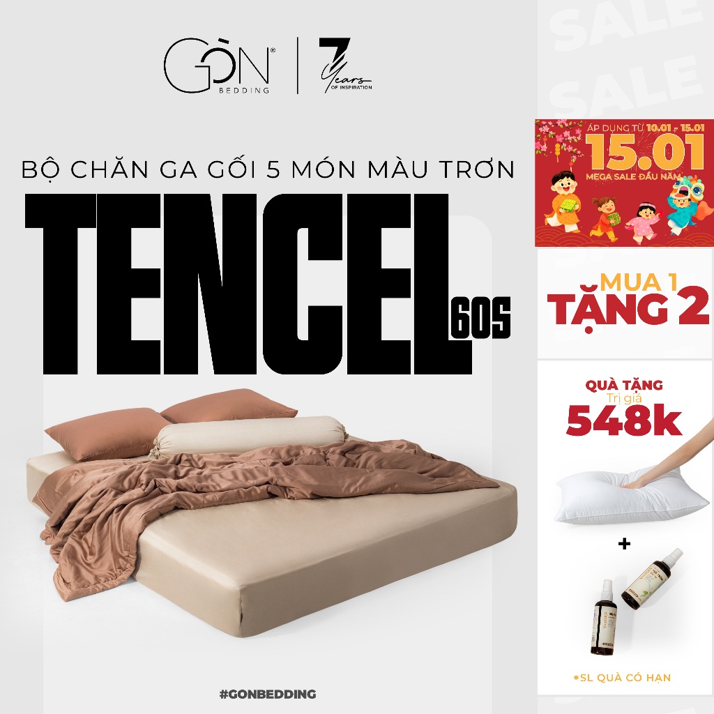 [BST Rực Rỡ] Bộ Chăn Ga Gối 5 Món Gòn Bedding Lụa Tencel 60s Cao Cấp Màu Trơn 1m6x2m - 1m8x2m (Dành 