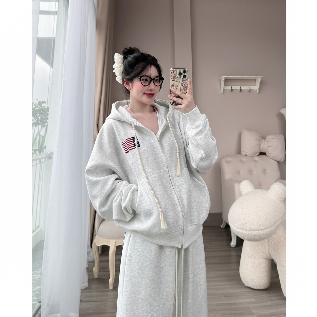 Bộ Quần Áo Cờ Mỹ Unisex, Set Hoodie Khóa Kéo + Quần Suông Nỉ Dày Form Rộng Phong Cách American Streetwear Nam Nữ