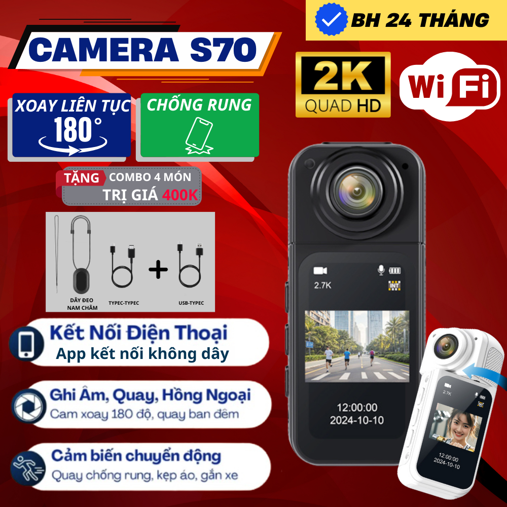 Camera hành trình wifi S70, camera hành trình 2K, camera góc nhìn người thứ nhất có app kết nối