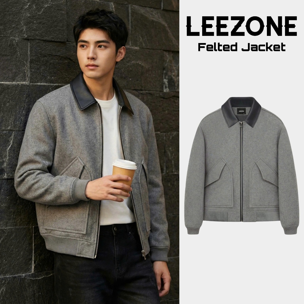 Áo khoác Dạ ép nam LeeZone cao cấp | Bomber Dạ phối cổ PU Xám V2