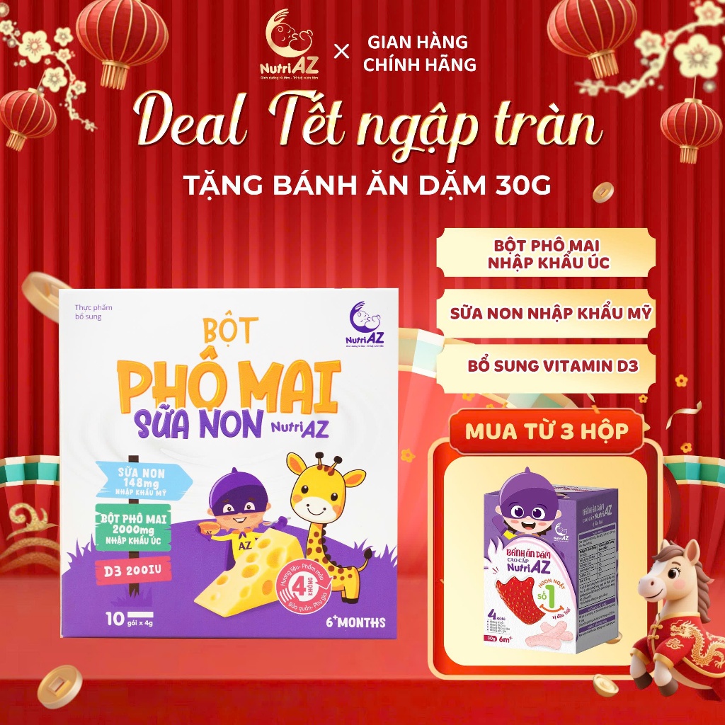 Combo 3 Bột Phô Mai Sữa Non NutriAZ Nguyên Liệu Nhập Khẩu Giúp Phát Triển Chiều Cao Cho Bé Ăn Dặm Từ 6 Tháng Tuổi