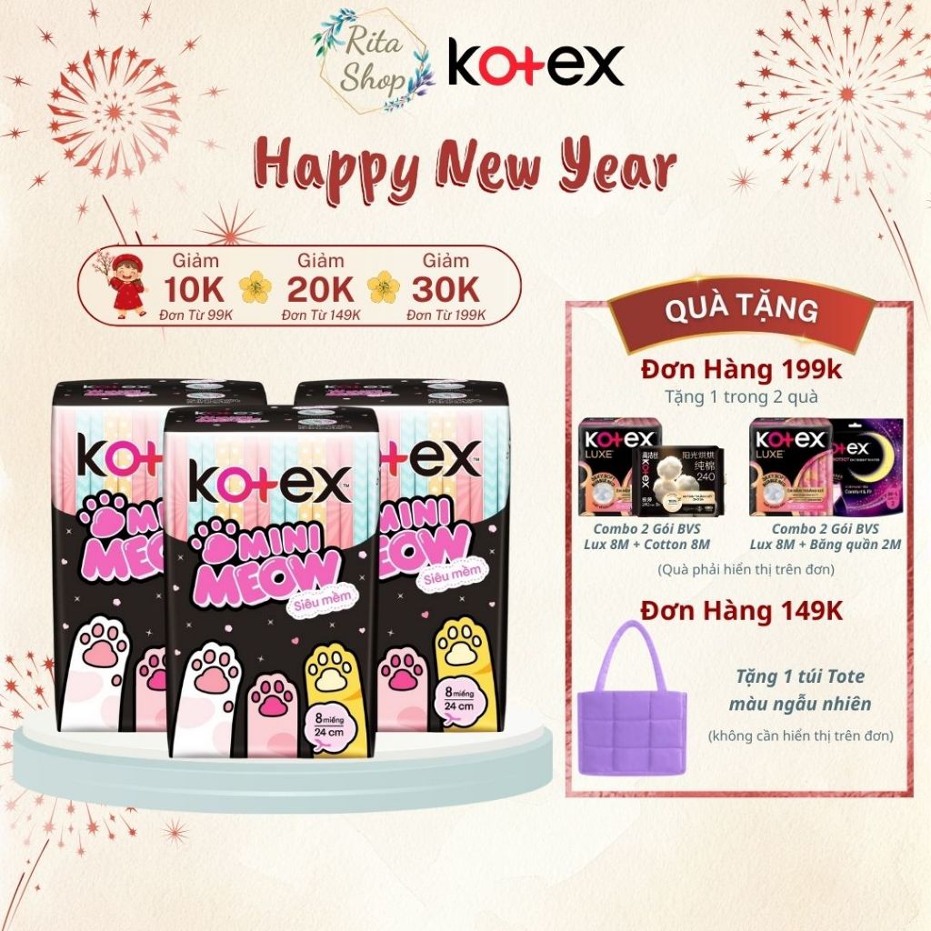 [LỐC 8 GÓI] Băng Vệ Sinh Kotex MiniMeow - Siêu Mỏng cánh 24cm 8 miếng