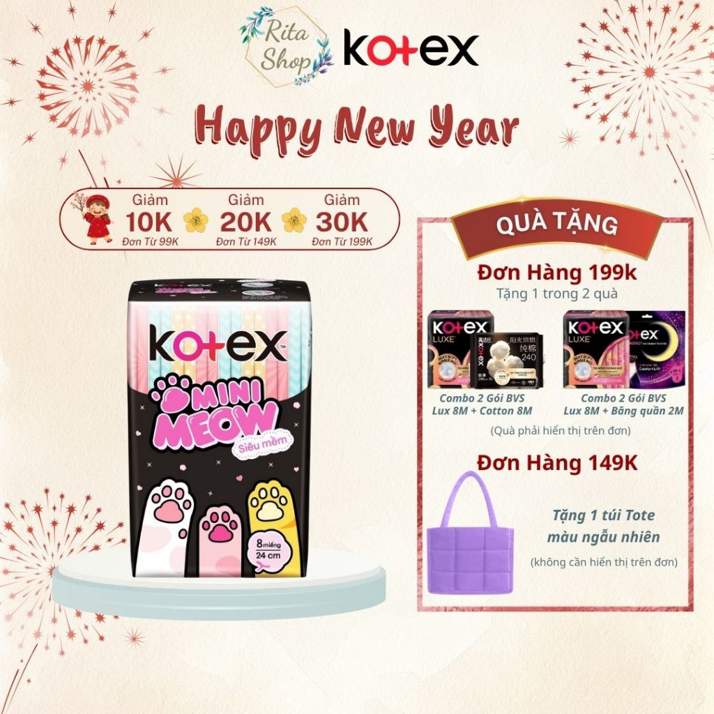 Băng Vệ Sinh Kotex MiniMeow - Siêu Mỏng Cánh 24cm 8 miếng