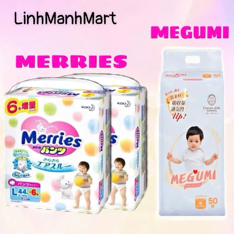 Bỉm Merries/Megumi nội địa Nhật dán/quần cho bé 9-14kg... Tiện Dụng