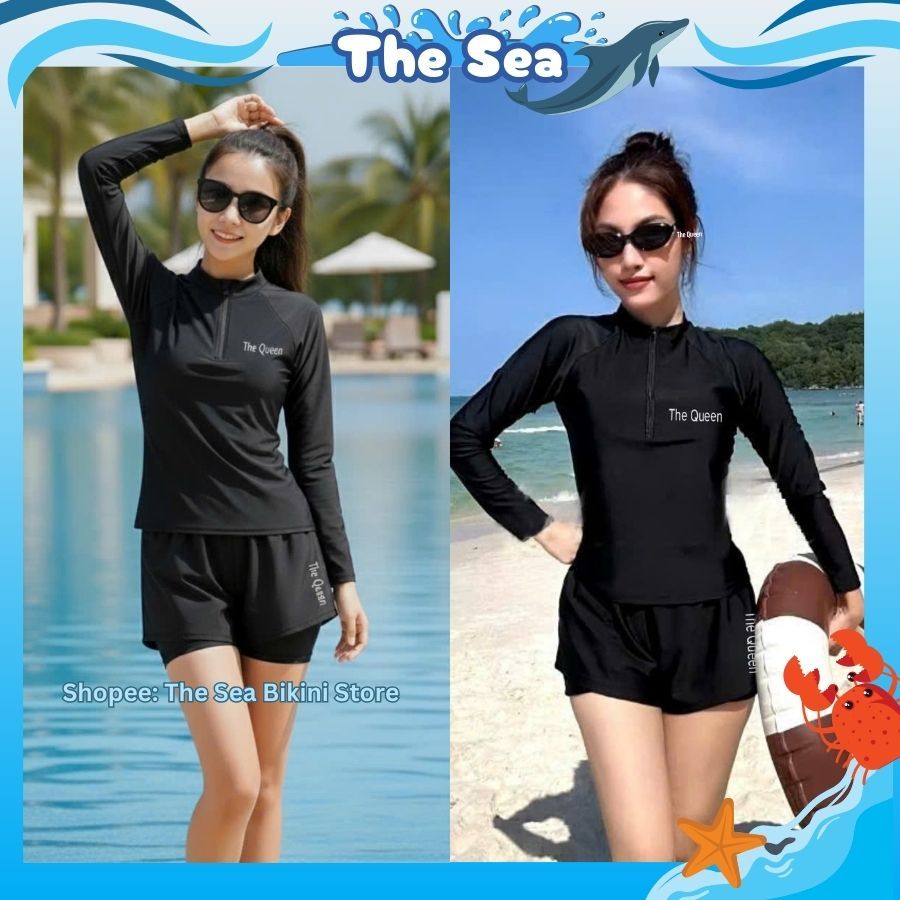 Đồ bơi nữ bikini kín đáo màu đen áo tay dài có khóa kéo quần đùi ngắn 2 lớp phong cách thể thao The Sea 013 | BigBuy360 - bigbuy360.vn