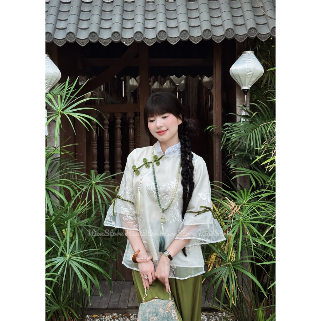 Hion Store - (HÀNG LOẠI 1- CÓ BIGSIZE) Set áo trắng nơ xanh + quần suông xanh lá size S M L XL