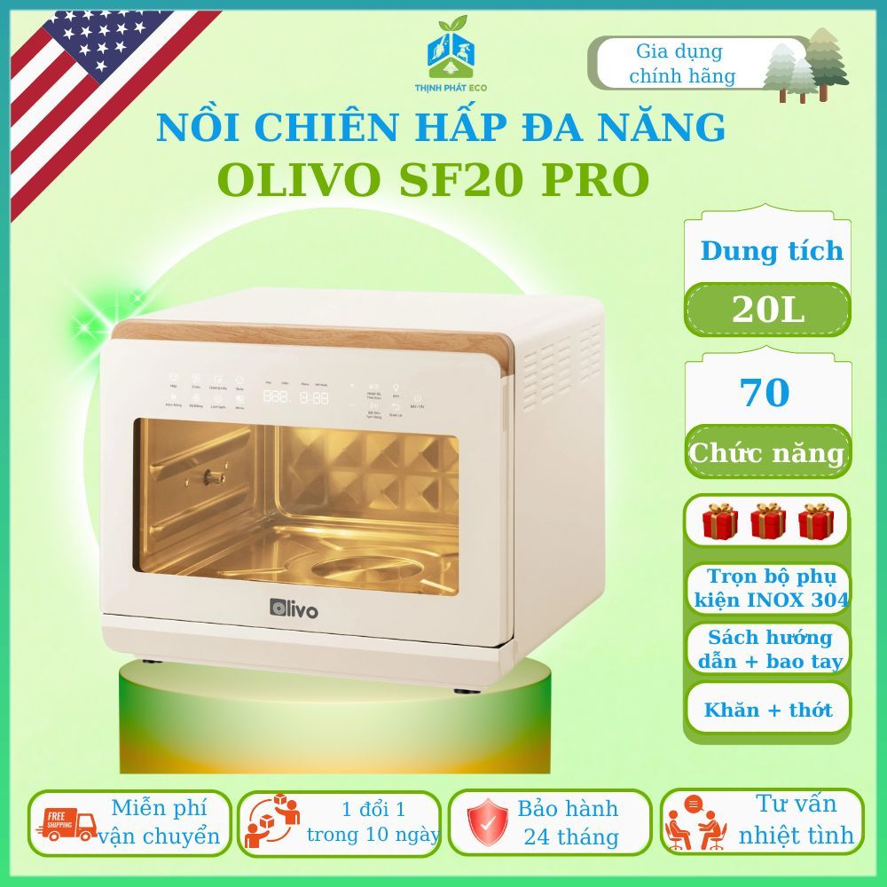 Nồi Chiên Hấp Đa Năng OLIVO SF20 PRO, Nồi Chiên Không Dầu 20lit, Nồi Chiên Hơi Nước 70 Chế ĐộCàiSẵn