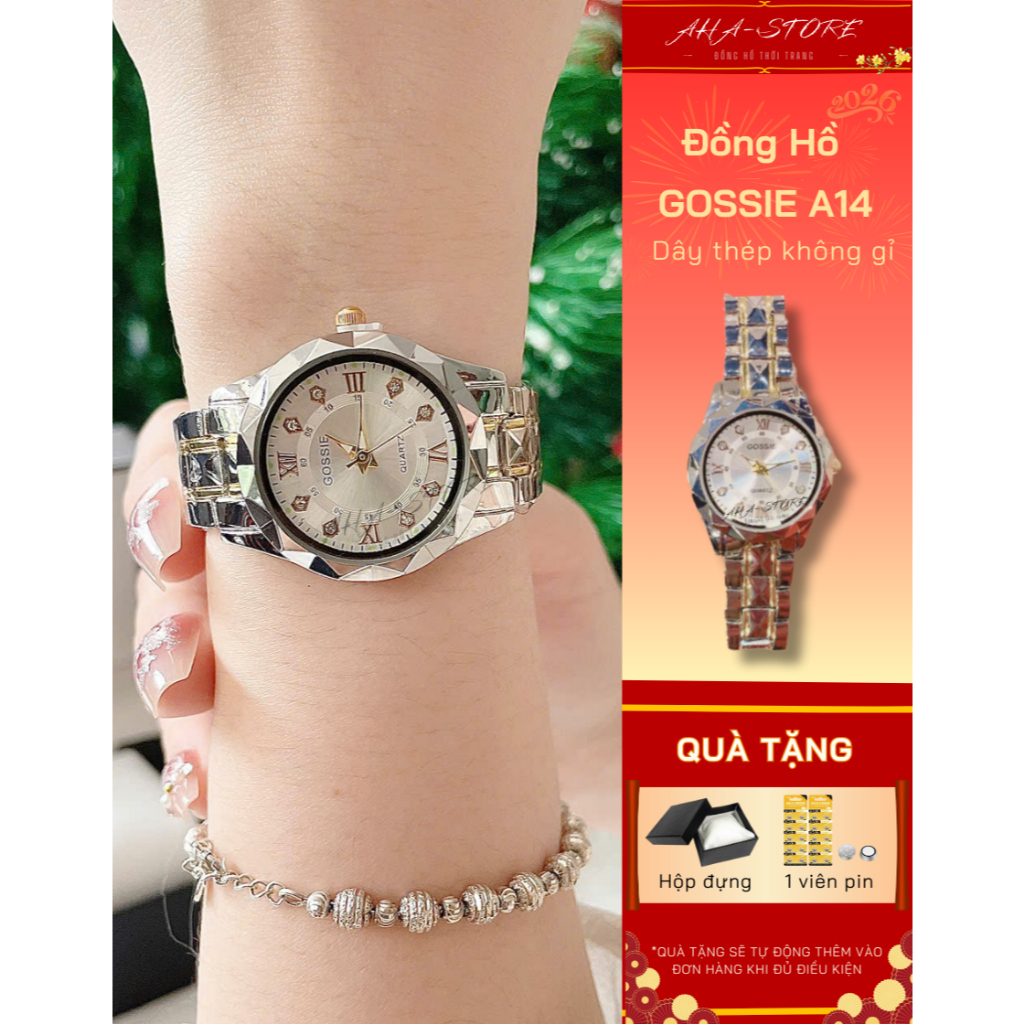 Đồng Hồ Phái Đẹp Gossie A14 Dây Thép Đa Sắc, Mặt Cắt Kim Cương 28mm, Số La Mã - Thiết Kế Sang Trọng,