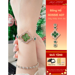 Đồng Hồ Cỏ 4 Lá May Mắn, Thanh Lịch GOSSIE A07 AHA - STORE, Dây Thép Đính Đá Vàng Hồng, Size 24mm Sang Trọng