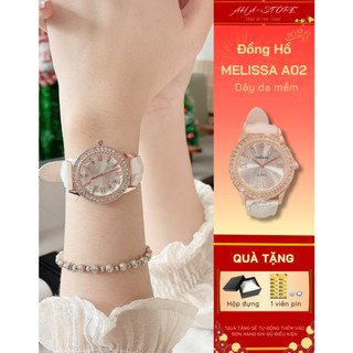 Đồng Hồ Melissa A02 AHA-STORE Viền Đá Lấp Lánh, Dây Da Mềm, Mặt 30mm, Thiết Kế Sang Trọng, Thời Thượng