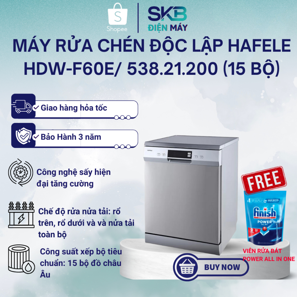 [Tặng kèm Túi Viên rửa bát] Máy rửa chén độc lập Hafele HDW-F60E/ 538.21.200 (15 bộ)  - BH Chính Hãng 3 Năm