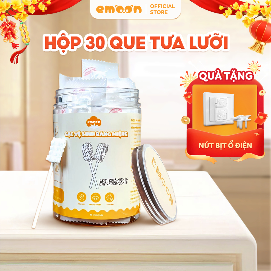 Que tưa lưỡi cho bé sơ sinh Emoon cao cấp, chất liệu bông mềm tiệt trùng giúp vệ sinh răng miệng cho bé từ 0-2 tuổi