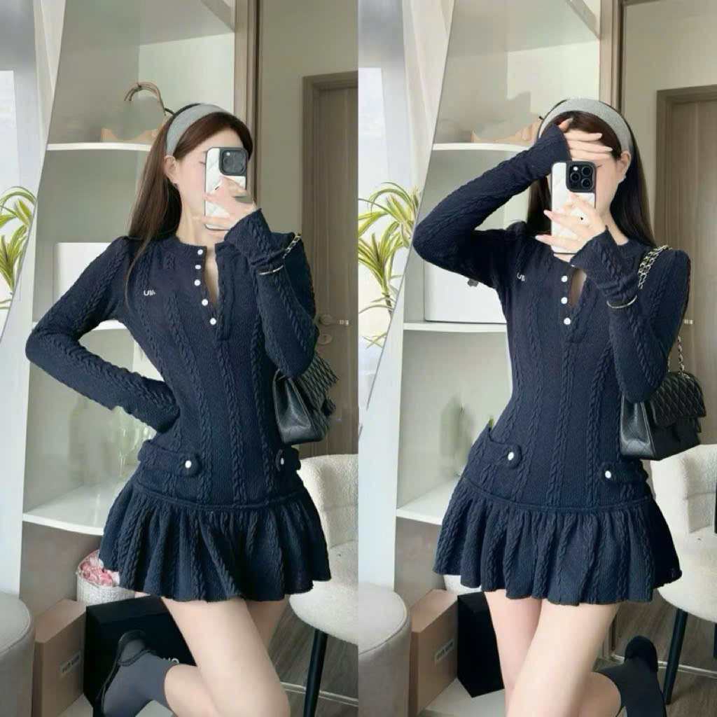 (Tặng Kèm Quần): Váy Len Thừng Xanh Than Dài Tay Cổ Tròn Phối Cúc Thêu Ngực MiuMiu Chân Xòe + Quần Bảo Hộ Rời LOLLAYE | BigBuy360 - bigbuy360.vn