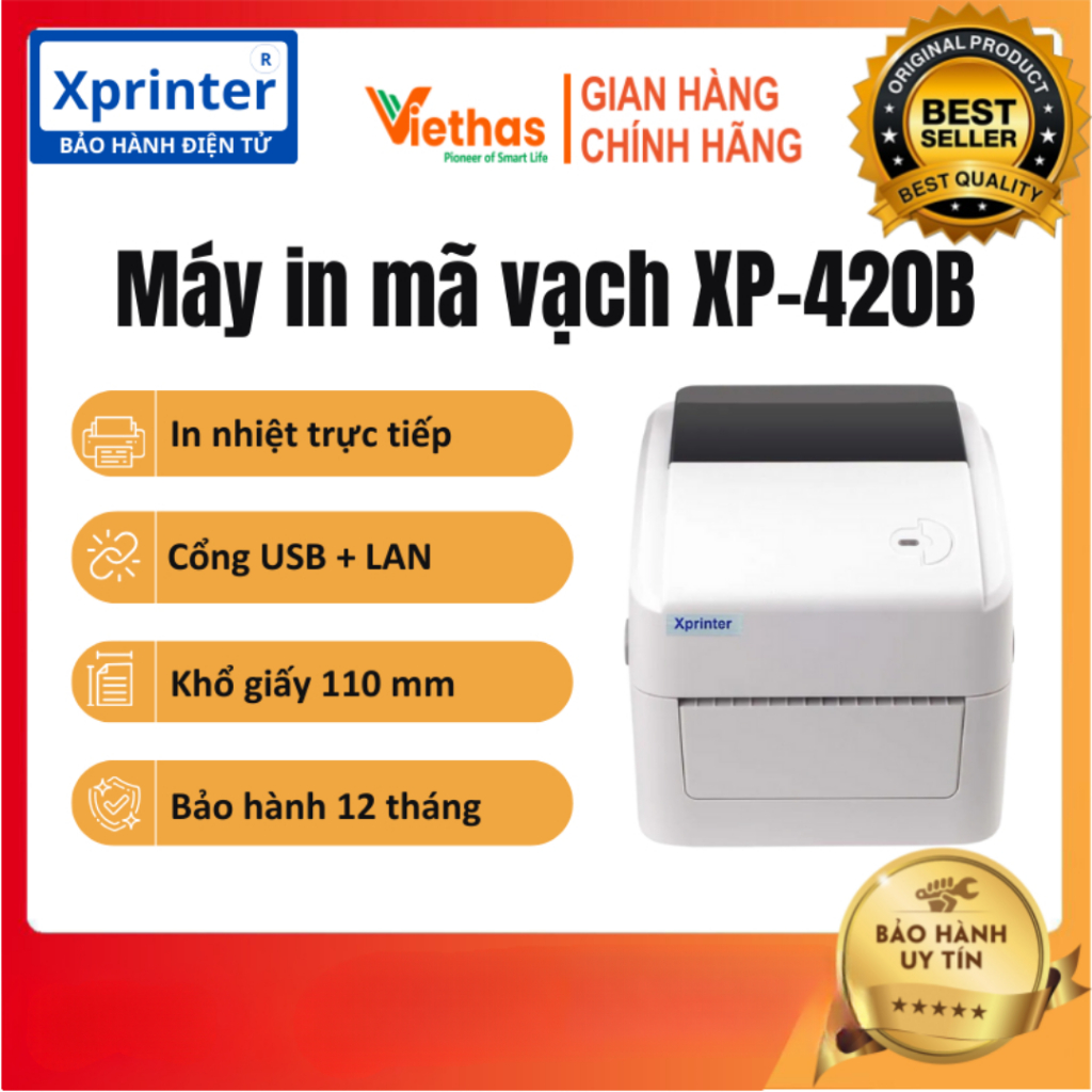 Máy in tem nhiệt mã vạch Xprinter 420B , 470B Cổng USB, LAN , Bluetooth đơn sàn TMĐT Khổ giấy A6 (10