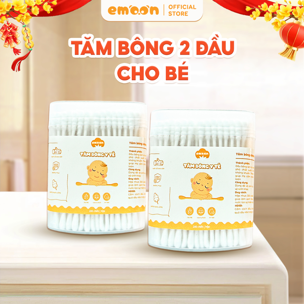 Tăm bông ngoáy tai cho bé Emoon 2 đầu tròn và dẹt kháng khuẩn, thân thiện với…