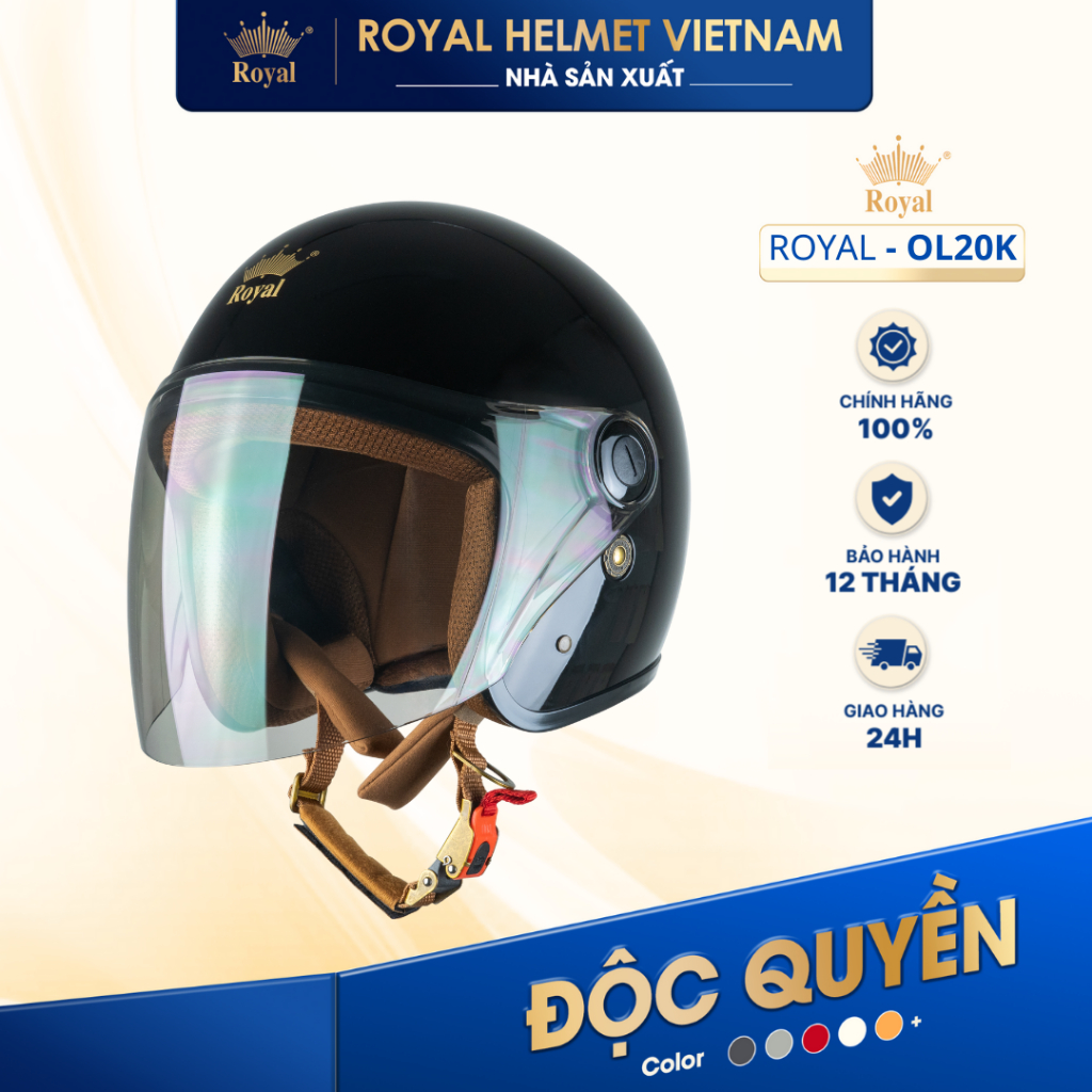 [NHÀ SẢN XUẤT] [ĐEN BÓNG] Mũ Bảo Hiểm 3/4 Royal OL20K Có Kính Chính Hãng Cho Nam Nữ Bán Chạy, Mũ Bảo