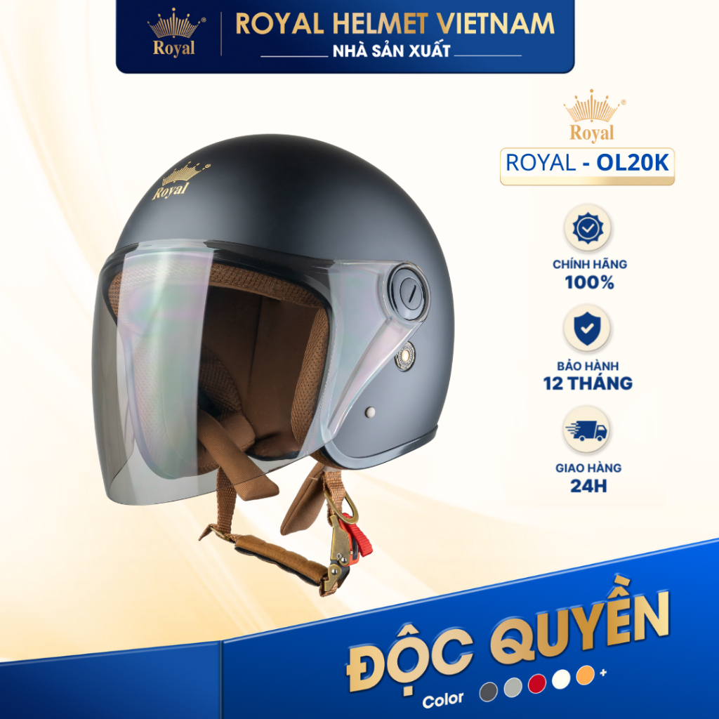 [NHÀ SẢN XUẤT] [ĐEN MỜ] Mũ Bảo Hiểm 3/4 Royal OL20K Có Kính Chính Hãng Cho Nam Nữ Bán Chạy, Mũ Bảo H