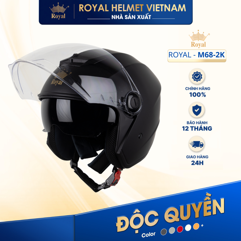 [NHÀ SẢN XUẤT] [ĐEN MỜ] Mũ Bảo Hiểm 3/4 Royal M68 (2 Kính) Chính Hãng, Royal Helmet Kính Âm Đi Phượt