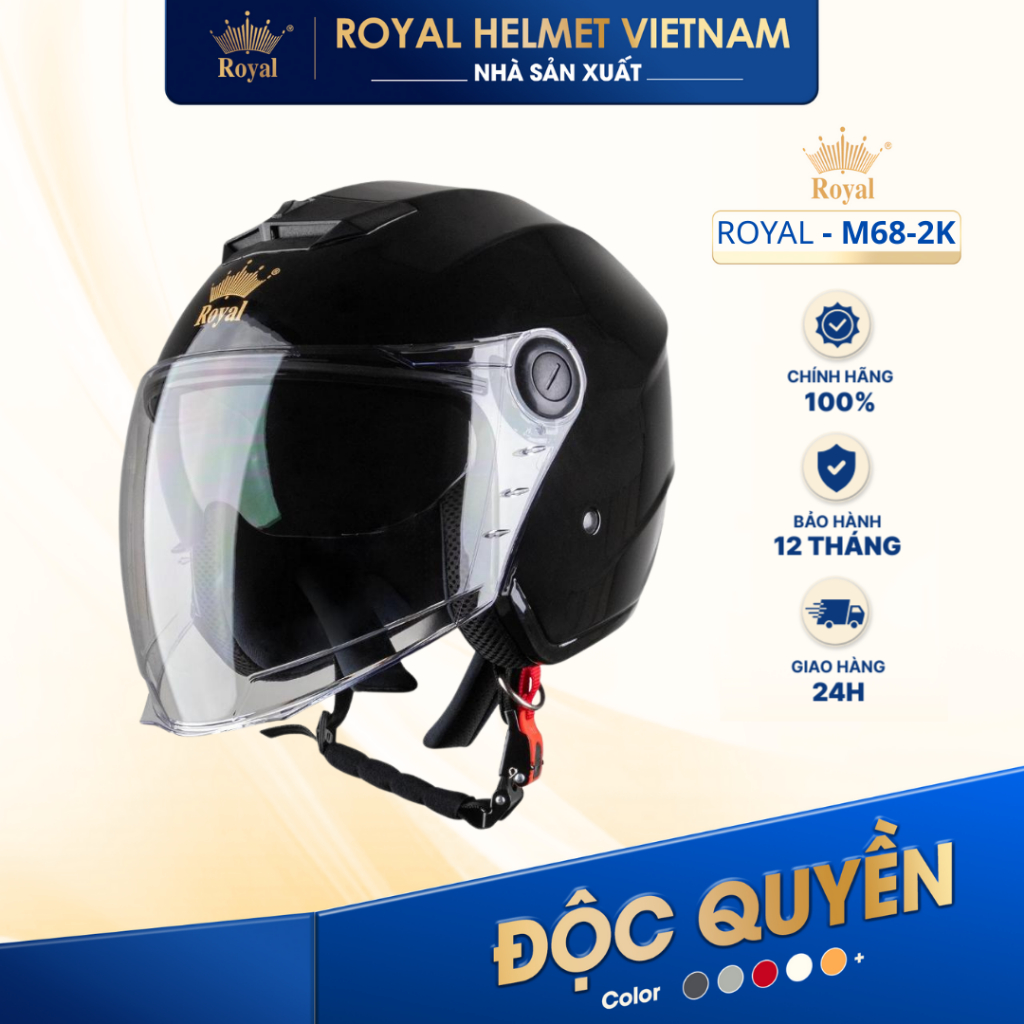 [NHÀ SẢN XUẤT] [ĐEN BÓNG] Mũ Bảo Hiểm 3/4 Royal M68 (2 Kính) Chính Hãng, Royal Helmet Kính Âm Đi Phư