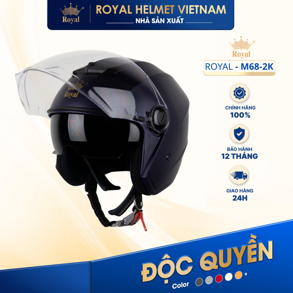 [NHÀ SẢN XUẤT] [MỰC MỜ] Mũ Bảo Hiểm 3/4 Royal M68 (2 Kính) Chính Hãng, Royal Helmet Kính Âm Đi Phượt