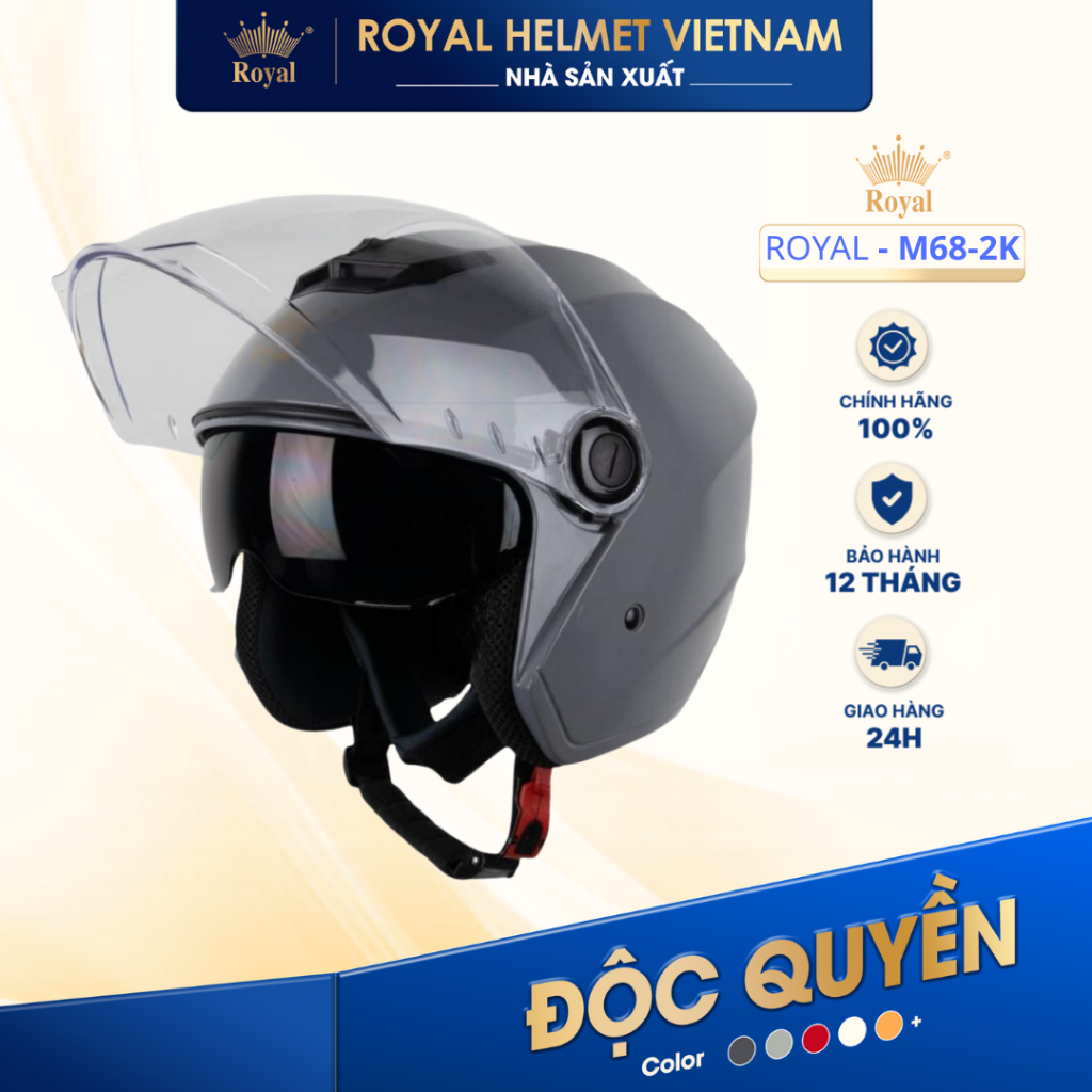 [NHÀ SẢN XUẤT] [XÁM XI MĂNG] Mũ Bảo Hiểm 3/4 Royal M68 (2 Kính) Chính Hãng, Royal Helmet Kính Âm Đi 