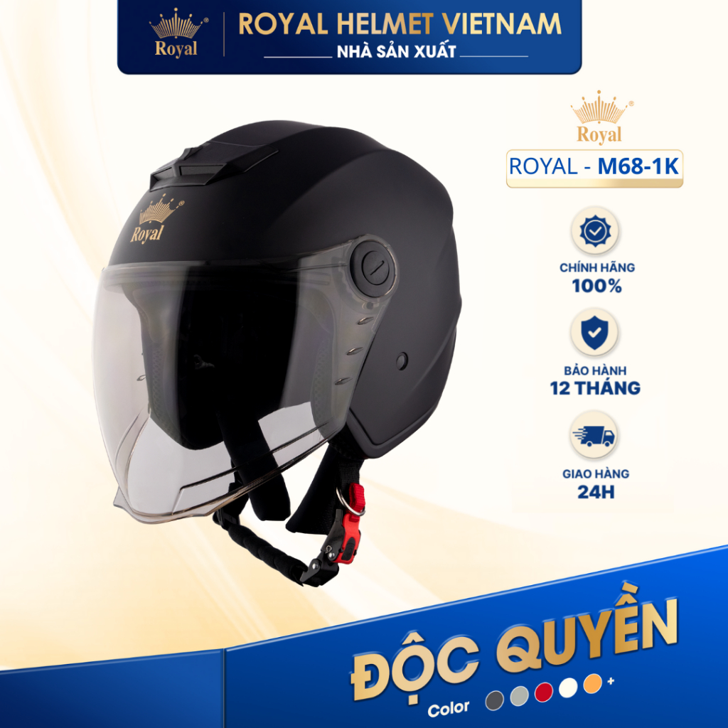[NHÀ SẢN XUẤT] [ĐEN MỜ] Mũ Bảo Hiểm 3/4 Royal M68 (1 Kính) Chính Hãng, Royal Helmet Kính Âm Đi Phượt