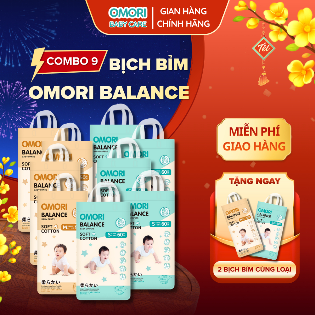 [Mua 9 Tặng 2] Combo 9 Bịch Tã/Bỉm Dán, Quần OMORI BALANCE Mỏng Nhẹ Thấm Hút Cho Bé