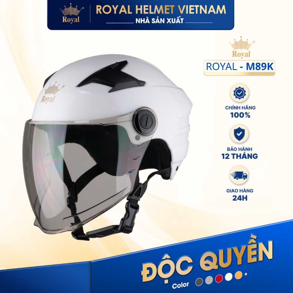 [NHÀ SẢN XUẤT] [TRẮNG BÓNG] Nón Bảo Hiểm 1/2 Có Kính Royal M89K Phiên Bản Kính Dài Che Phủ Tối Ưu Có