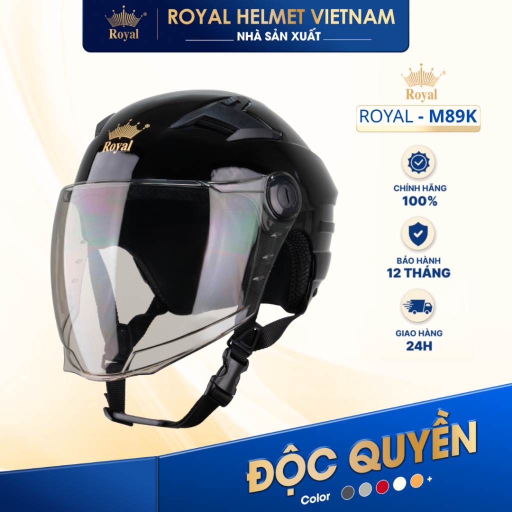 [NHÀ SẢN XUẤT] [ĐEN BÓNG] Nón Bảo Hiểm 1/2 Có Kính Royal M89K Phiên Bản Kính Dài Che Phủ Tối Ưu Có L