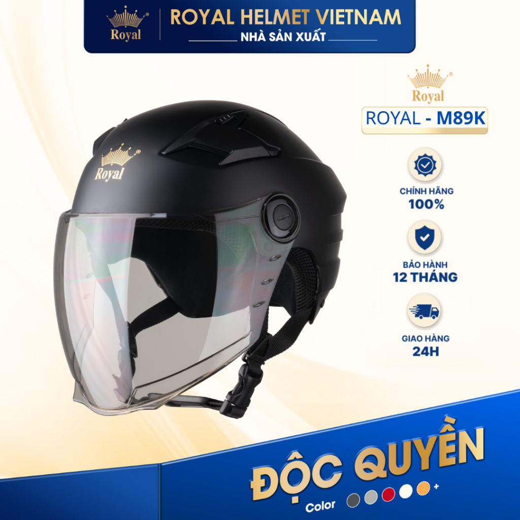[NHÀ SẢN XUẤT] [ĐEN MỜ] Nón Bảo Hiểm 1/2 Có Kính Royal M89K Phiên Bản Kính Dài Che Phủ Tối Ưu Có Lỗ 