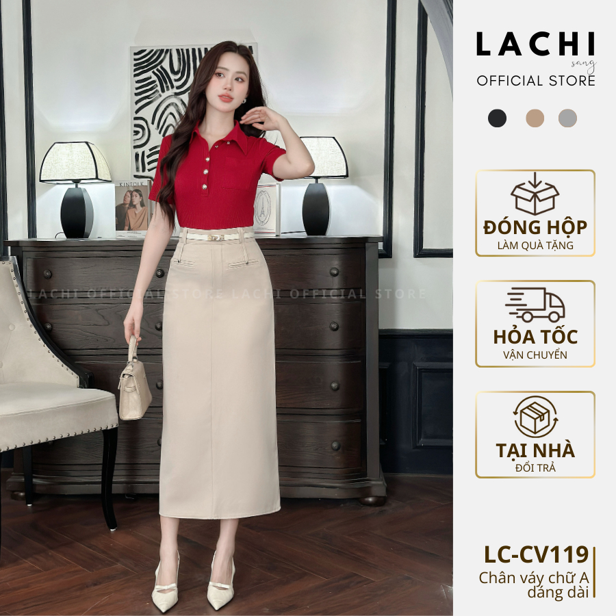 [TẶNG KHĂN LỤA] Chân váy dài công sở LACHI dáng suông chữ A cạp cao xẻ tà sau giấu bụng tôn eo có bi