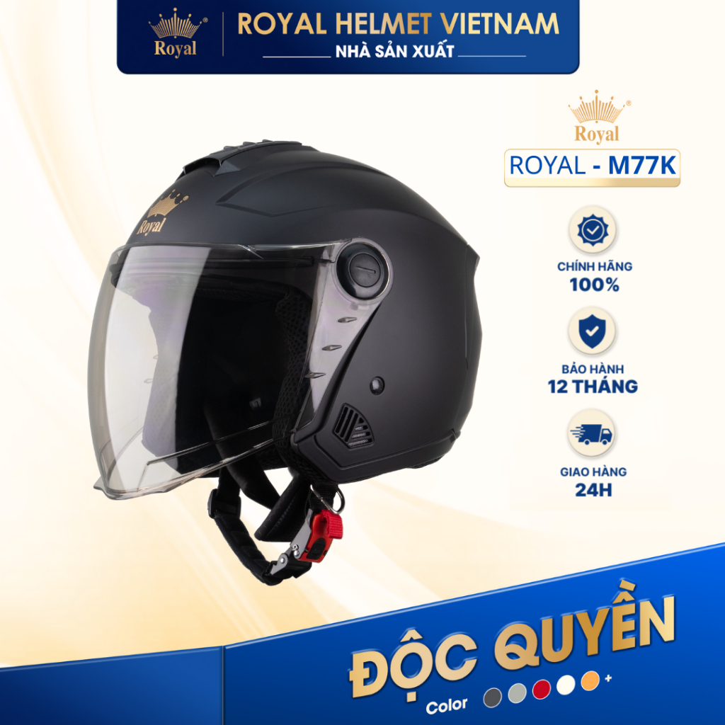 [NHÀ SẢN XUẤT] [ĐEN MỜ] Mũ Bảo Hiểm 3/4 Có Kính Royal M777K Chính Hãng, Nón Bảo Hiểm Cho Nam Nữ Đi X