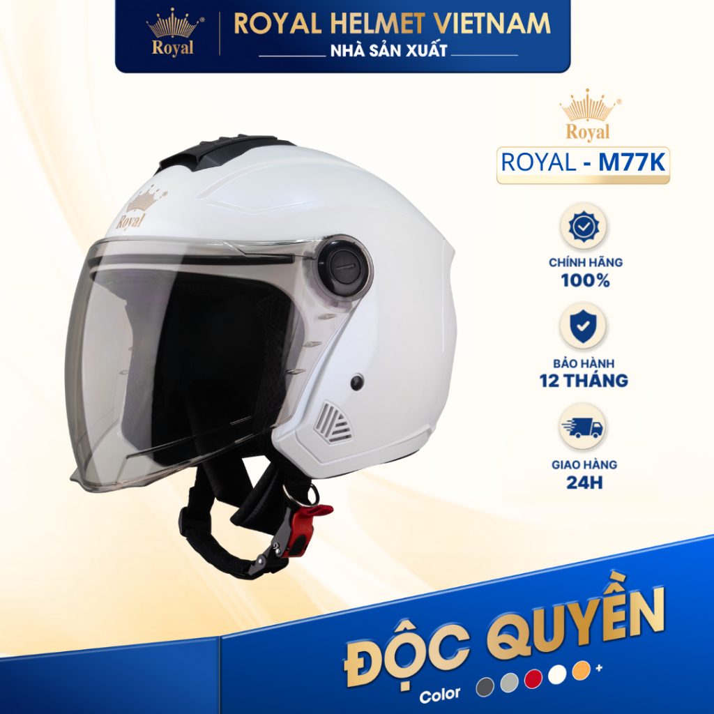 [NHÀ SẢN XUẤT] [TRẮNG] Mũ Bảo Hiểm 3/4 Có Kính Royal M777K Chính Hãng, Nón Bảo Hiểm Cho Nam Nữ Đi Xe