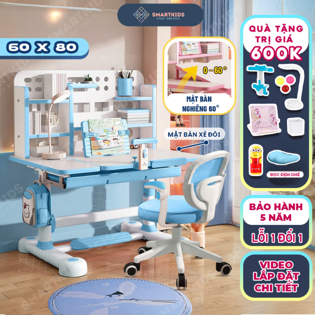 Bộ Bàn học thông minh E09 ghế xoay 360 độ, nghiêng 2/3 bằng pistong, mặt bàn nghiêng 60 độ , kèm quà