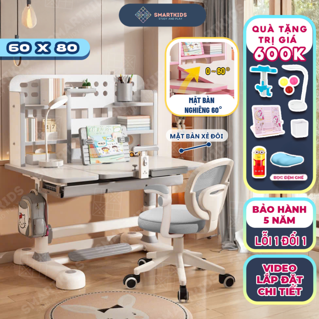 Bộ Bàn học thông minh E09 ghế xoay 360 độ, mặt bàn nghiêng 60 độ , kèm quà